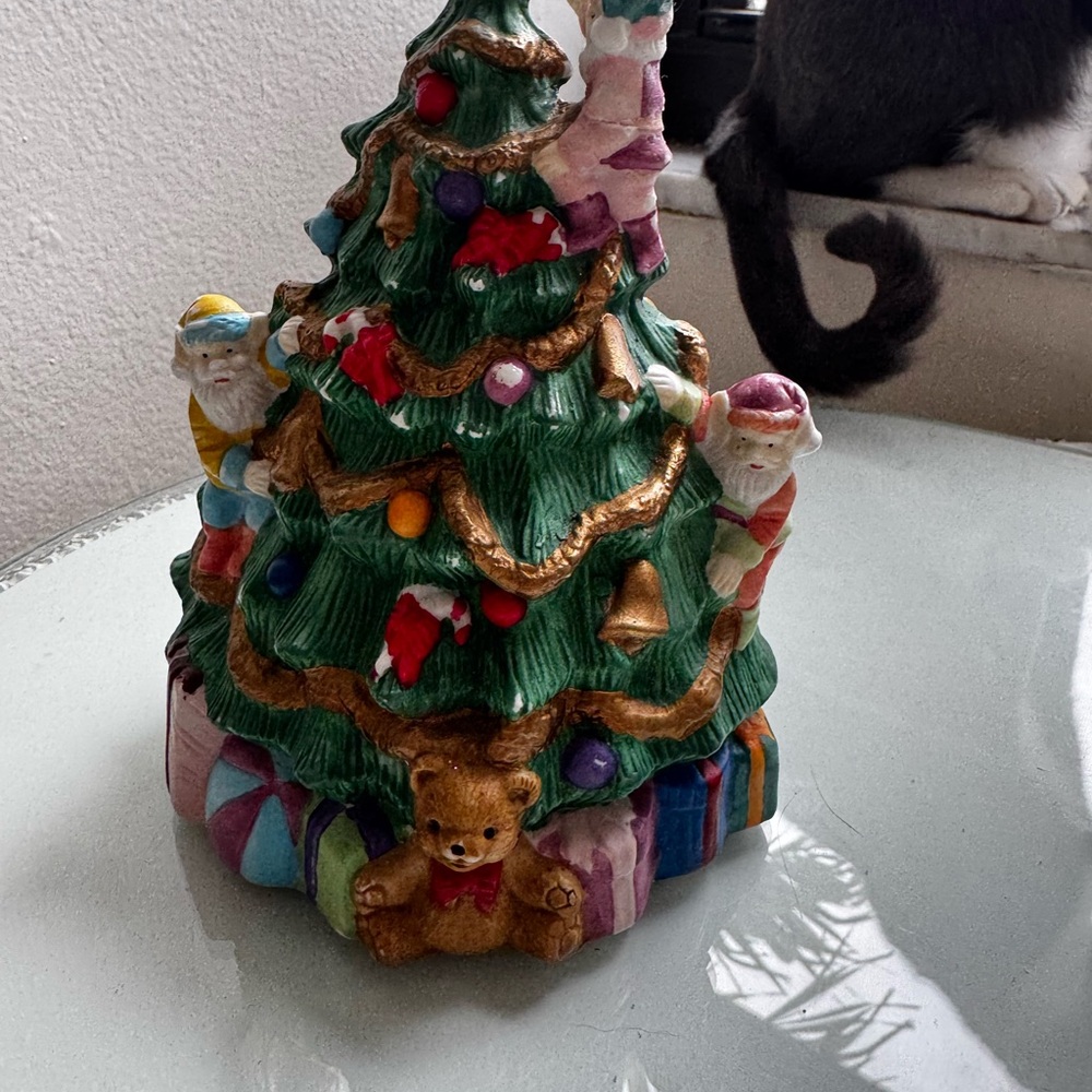 Festive Green Ceramic Christmas Tree Figurine with Teddy